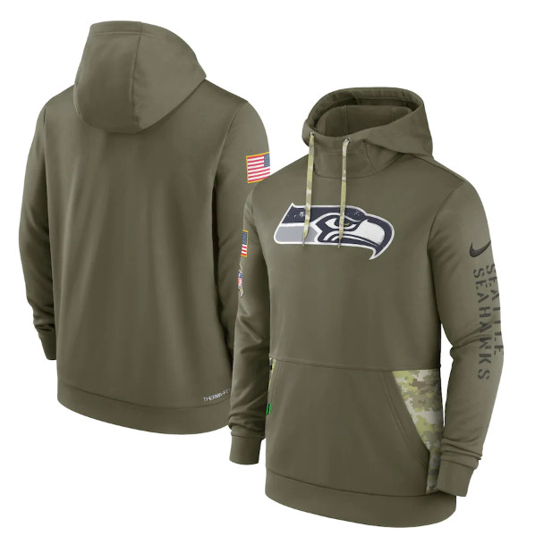 Men's Seattle Seahawks 2022 Olive Salute to Service Therma Performance Pullover Hoodie